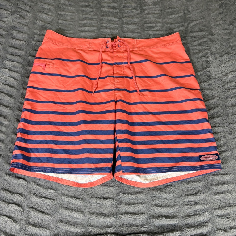 Vineyard Vines Mens 40 Board Shorts Coral Pink Navy Blue Striped Chappy Swim